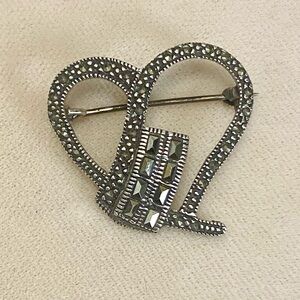Vintage Sterling Silver Marcasite Heart Brooch